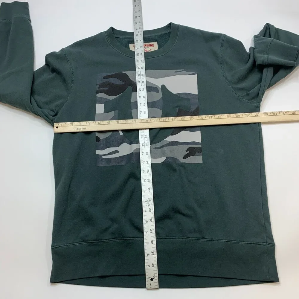 True Religion Sweater Mens XL Extra Large Green Camo Graphic Fleece Cotton Blend
